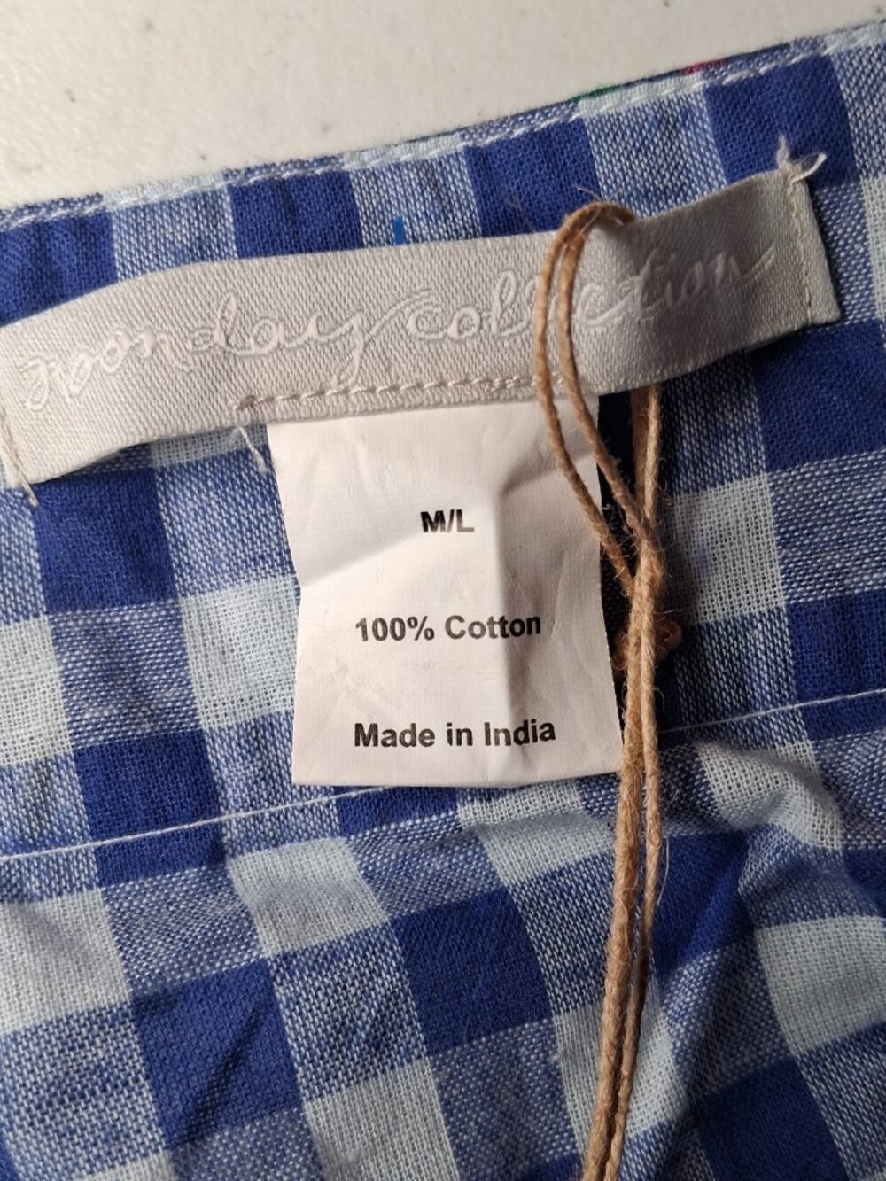 Noonday Collection Robe M/L Scrunchie Blue Gingham Check Lightweight Lounge - Picture 5 of 16
